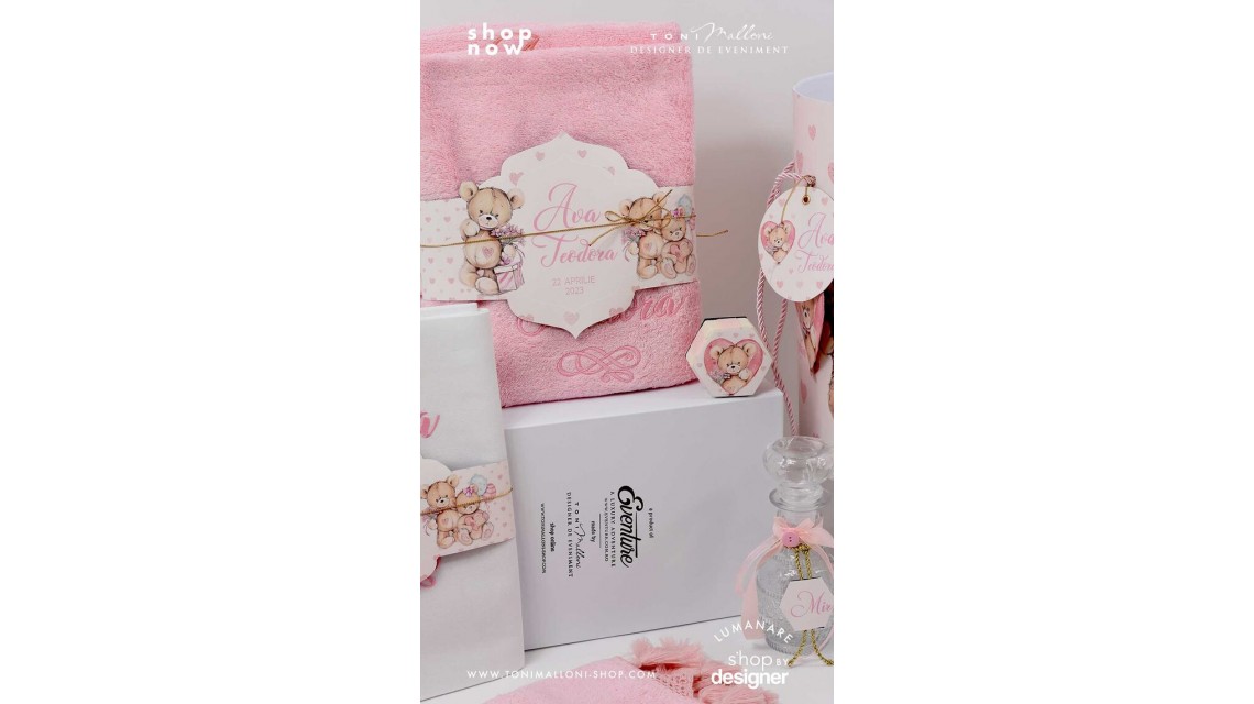 Trusou de botez cu ursuleti roz si inimioare Teddy Bear Pink Hearts 1